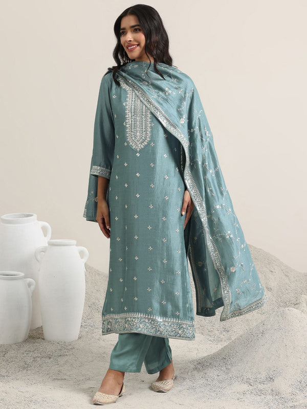 Women Blue Floral Kurta with Pant and Dupatta (Set of 3)