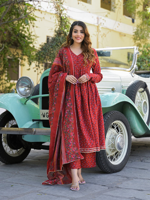 Women Ethnic Motifs Printed Regular Pure Cotton Kurta with Trousers & With Dupatta