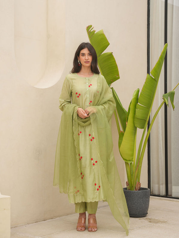 Pista Chanderi Floral Embroidered Kurta with Pant and Dupatta (Set of 3)