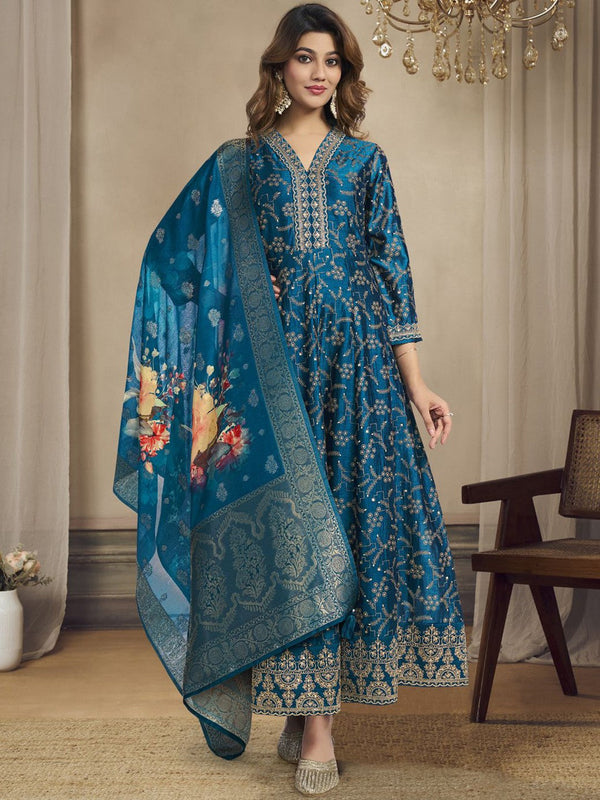 Blue Floral Embroidered V-Neck Anarkali Kurta With Trousers & Dupatta